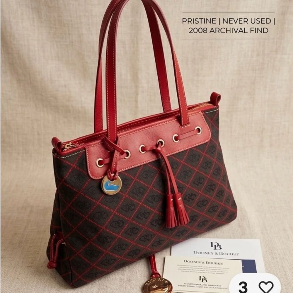 Dooney & Bourke Brown and Red Drawstring Tote with Tassel